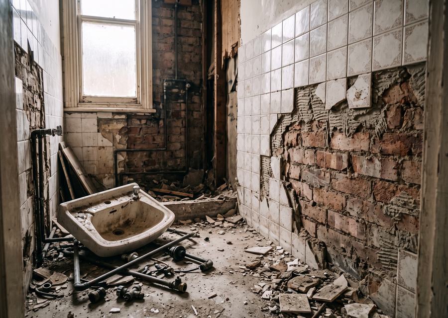 Entkerntes Bad mit abgeschlagenen Fliesen und demontierter Sanitärtechnik