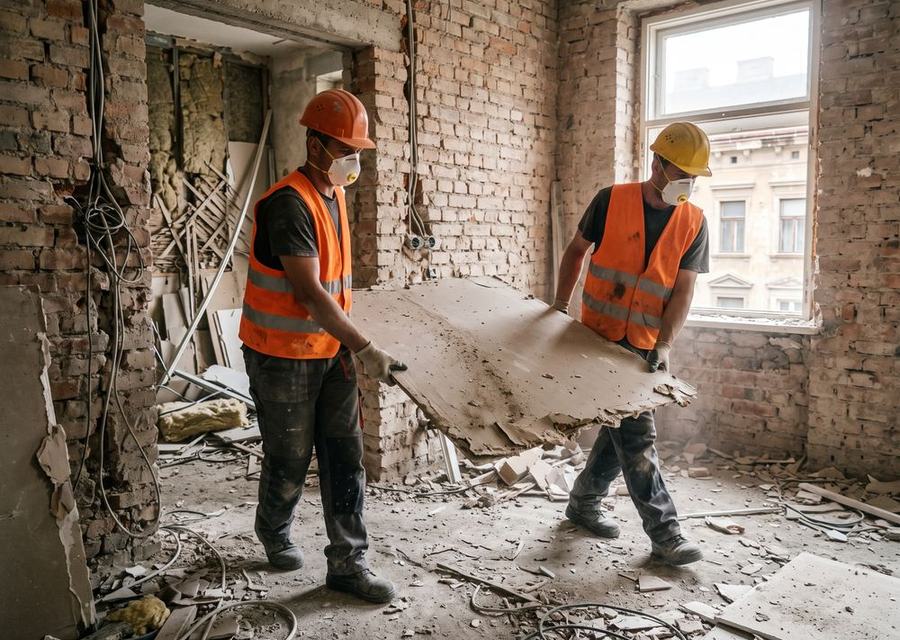 Zwei Mitarbeiter tragen zurückgebaute Bauteile aus einer Wohnung